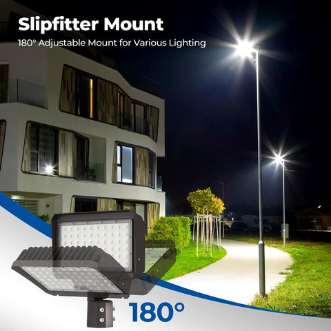 Switchable 100W 150W 200W LED Parking Lot Light With Dusk To Dawn Sensor, Slipfitter Mount in outdoor setting