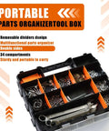 Grab And Go Double Sided Tool And Hardware Storage Box With Removable Dividers Portable Small Parts Organizer for Tools Hardware and Jewelry 34 Compartments Heavy Duty Plastic Black And Orange with visible tools and hardware inside.
