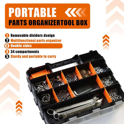 Grab And Go Double Sided Tool And Hardware Storage Box With Removable Dividers Portable Small Parts Organizer for Tools Hardware and Jewelry 34 Compartments Heavy Duty Plastic Black And Orange with visible tools and hardware inside.