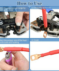 Cable lug crimping tool, black handles, metal body; front view showing range selection
Cable lug crimping tool; side view with red insulated handle pressing copper lug
Close-up heat-shrink tubing being sized on copper lug; purple tool nearby
Finished red heat-shrunk copper lug on wire; installed