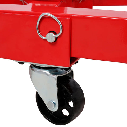 Close-up of smooth rolling locking casters on Heavy Duty Folding Engine Stand With 1500 Lb Rating And 360 Degree Geared Rotation Head.