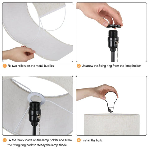 Step-by-step assembly of Dual USB Table Lamp Set Of 2 With Built-In 3-Prong Outlet, showing fixing, unscrewing, and bulb installation.