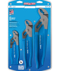 V Jaw Tongue And Groove Pliers Set With Dipped Handles, 3 Piece Blue Pliers For Round Stock And Tubing, Sizes 6.5", 9.5", 12"