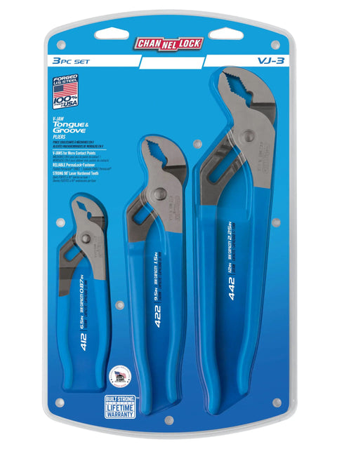 V Jaw Tongue And Groove Pliers Set With Dipped Handles, 3 Piece Blue Pliers For Round Stock And Tubing, Sizes 6.5", 9.5", 12"