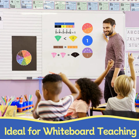 Teacher using Hands On Fraction Tiles And Circles Activity Set For Kids Ages 6 To 12 with fractions on classroom whiteboard