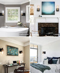 Two Pack Black and Gold Wall Sconces With Glass Shade Modern Rustic Brass Bathroom Wall Lighting in different room settings