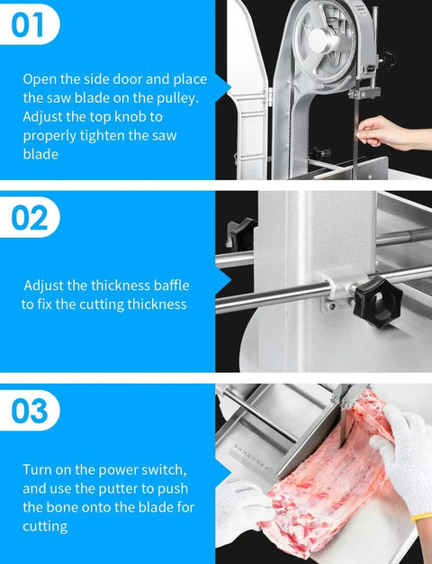 Heavy Duty 1500W Electric Bone Saw Works Like A Champ Crushing Frozen Beef Chicken Fish And Pork Blocks Up To Five Point Nine Inches Thick Includes Six Razor Ready Blades For Low Stress Prep On A Roomy Twenty By Fifteen Inch Commercial Table, saw blade installation process.