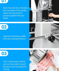 Top Tier Heavy Duty Electric Meat Band Saw Machine Tears Through Hard Bones And Frozen Meat With No Sweat Cutting Action Featuring 1800W Copper Motor Stainless Steel Body Quick Clean Design Comes With Six Backup Blades, showing blade installation steps.
