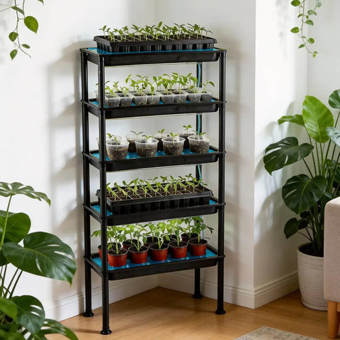 Five Tier Hydroponics Grow System With Plant Stand Ebb And Flow Seedbeds Siphoning Watering for indoor use, PVC shelves holding plants