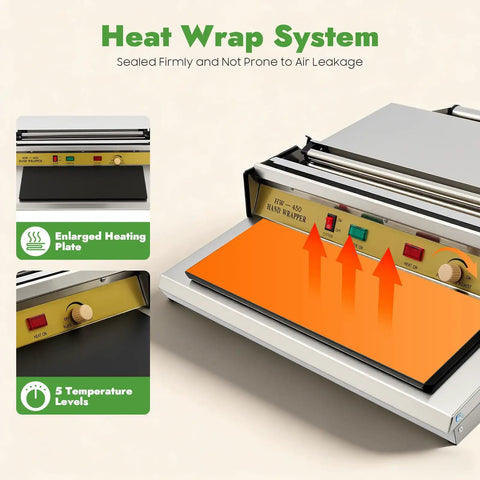 Heavy Duty 18 Inch Hand Wrapping Machine Pro Level Food Film Sealer with enlarged heating plate and adjustable temperature settings.
