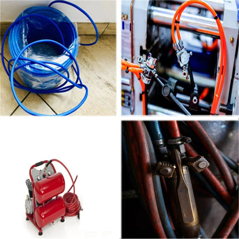 Heavy Duty Polyurethane Pneumatic Air Compressor Hose For Tough Shop Grind Flexible Compressed Air Tubing lightweight hoses coiled in blue.