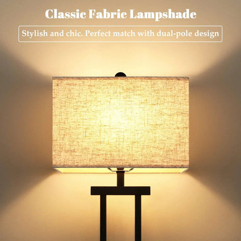 Modern Black Floor Lamp With Dual Poles And Fabric Shade Tall Reading Lamp With Foot Switch For Living Room Bedroom Office And Nursery Contemporary Farmhouse Style - illuminated fabric lampshade.