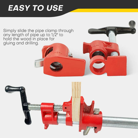 Heavy Duty Six Pack Of Half Inch Pipe Clamps For Woodworking, showing red cast iron clamps for precise wood alignment.