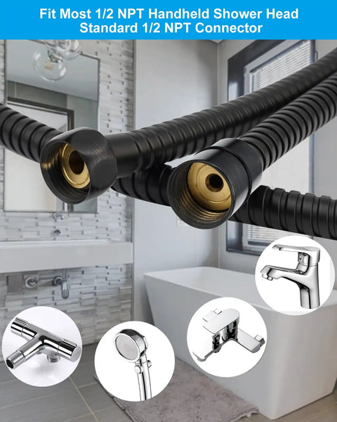 All Metal Shower Hose 90 Inch Stainless Steel Extra Long Replacement No Twist Flexible Bathroom Handheld Shower Hose Extension With Brass Insert And Nut Oil Rubbed Bronze Finish displayed in bathroom.