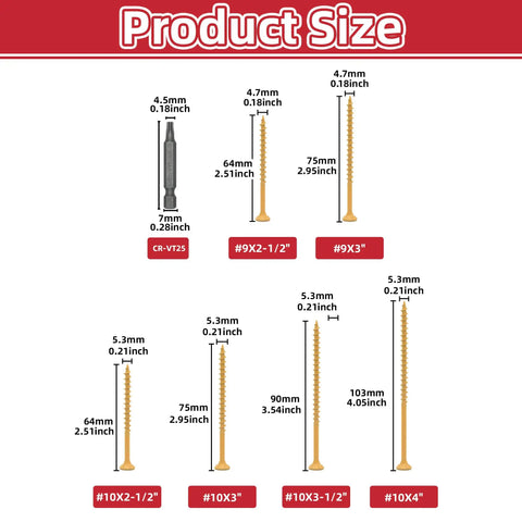 Epoxy Coated Wood Screws Kit For Pressure Treated Lumber With Torx Drive Flat Head Self Tapping Screws size chart and T25 bit