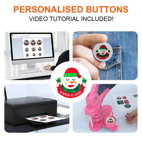 Awesome Vibrant Pink Button Maker Press With Three Size Dies And One Fifty Pcs Badge Supplies, image showing button creation process.