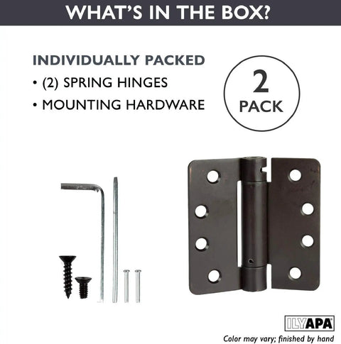 Super Handy Adjustable Self Closing Spring Door Hinges In Oil Rubbed Bronze Two Pack Four Inch By Four Inch Size With Quarter Inch Radius Corners Ideal For All Kinds Of Interior Or Exterior Doors Wood Metal Fiberglass Solid Or Hollow Medium Heavy Weight, shown with screws and mounting hardware.