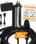 Hecka Quick Forty Amp Level 2 Portable EV Charger Featuring A Durable Twenty Five Foot Cord, connectors and charging specifications.