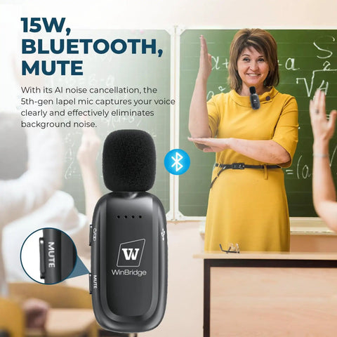 Teacher using Wireless Classroom Voice Amplifier For Teachers With Clip On Mic System 15W Portable PA To Be Heard Clearly Without Shouting Bluetooth 12 Hour Battery Auto Pairing Ultra Lightweight Clip Mic WB005N in classroom.