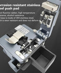 Pro Optical Fiber Cleaver With Tungsten Steel Blade For Precise 90 Degree Cuts And Minimal Signal Loss, showing 304 stainless steel base and push pad.