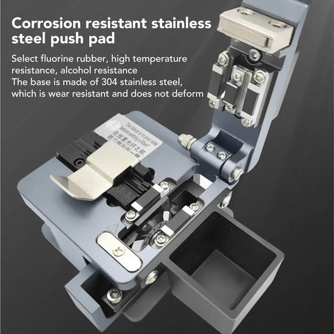 Pro Optical Fiber Cleaver With Tungsten Steel Blade For Precise 90 Degree Cuts And Minimal Signal Loss, showing 304 stainless steel base and push pad.
