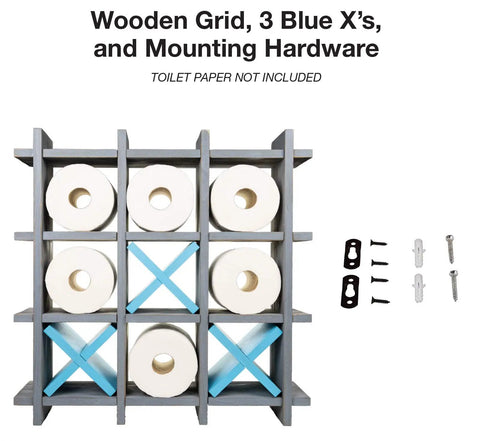 Gray Wooden Toilet Paper Holder With Tic Tac Toe Shelves For Wall Mount Or Freestanding Bathroom Tissue Organizer That Brings Rustic Vibe And Keeps Rolls Handy While Sparking Cool Conversation with mounting hardware.