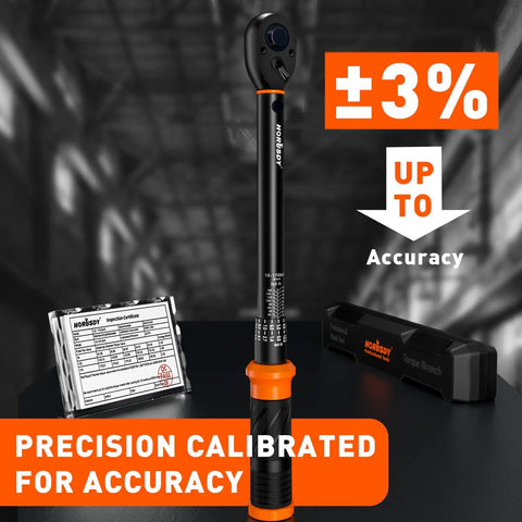 Half Inch Drive Click Torque Wrench Set With 10 To 170 Ft-Lb And 13.6 To 230.5 Nm Range, Three Percent Precision, dual scale shown