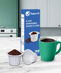 Disposable Paper Filters For Keurig K Cup Pods, 100 Count, box with filter and coffee cup on kitchen counter.