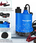 12V DC Water Transfer Pump 1500GPH Submersible Sump Pump With 20 Foot Power Cord and alligator clips visible