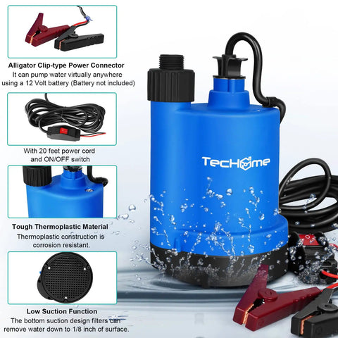 12V DC Water Transfer Pump 1500GPH Submersible Sump Pump With 20 Foot Power Cord and alligator clips visible
