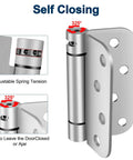 Front view of 4-inch brushed nickel self-closing door hinge set, adjustable spring tension, left/right 2-pack