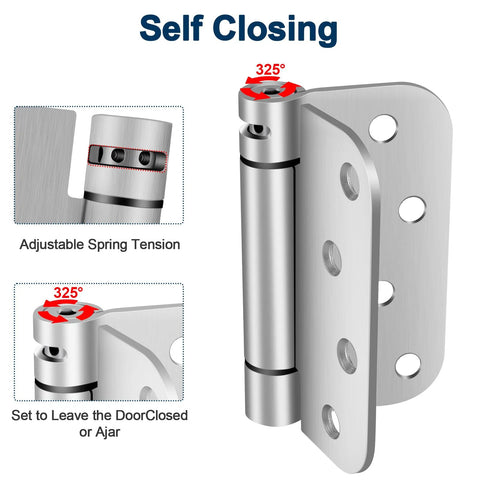 Front view of 4-inch brushed nickel self-closing door hinge set, adjustable spring tension, left/right 2-pack