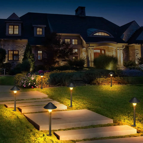 Lit 200LM Smart Outdoor Pathway Lights With 12V Low Voltage illuminating garden path in warm white, evening view
