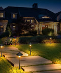 Low Voltage Smart Pathway Lights With App Control on a garden walkway at night, showing warm white and RGB glow, six pack