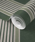 Pro Level Paste To Paper Rustic Victorian Wallpaper With Smooth Matte Linen Texture Hardcore Durable Vinyl Free Wallcovering folded roll with green and white stripes.