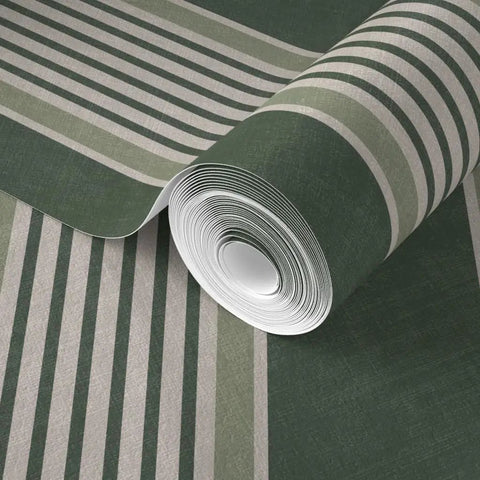 Pro Level Paste To Paper Rustic Victorian Wallpaper With Smooth Matte Linen Texture Hardcore Durable Vinyl Free Wallcovering folded roll with green and white stripes.