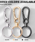 Two Pack Metal Keychains With Carabiner Clip And Dual Key Rings Anti Lost Quick Release Key Clip in silver, gold, and black