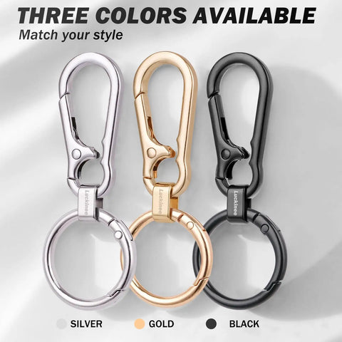 Two Pack Metal Keychains With Carabiner Clip And Dual Key Rings Anti Lost Quick Release Key Clip in silver, gold, and black