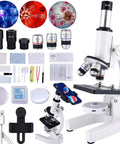Kid Friendly For All Ages 40x To 2000x Microscope With Phone Adapter And Slides Set For School, Lab And Home Education, Crystal Clear Optical Lenses, Easy To Use, Great For Science Projects And Exploring Details. White microscope set with phone holder, slides, and lenses