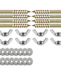 32 Piece M6 Screw Fastener Kit For Wooden Components Durable Perfect For Easy DIY Mounting And Woodworking Includes 8 Screws, 16 Flat Washers And 8 Wing Nuts. M6 screws, wing nuts, and flat washers on white background