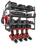 Power Tool Organizer Wall Mount Four Tier Storage Rack With Four Drill Holders And Screwdriver Holder For Garage Shop And Workshop Holds 50 Tools Or More In Easy Reach, front view, loaded with tools.
