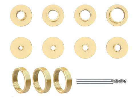 Brass router template bushing set, 11 pieces, with 1/4-inch shank router bit