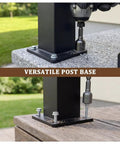 Heavy Duty Black Deck Railing Kit With Reinforced Aluminum Posts And Code Compliant Handrails Rock Solid Stair System versatile post base installed on concrete and wood.