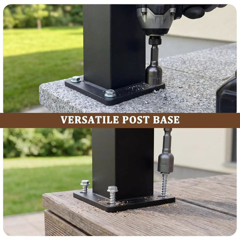 Heavy Duty Black Deck Railing Kit With Reinforced Aluminum Posts And Code Compliant Handrails Rock Solid Stair System versatile post base installed on concrete and wood.