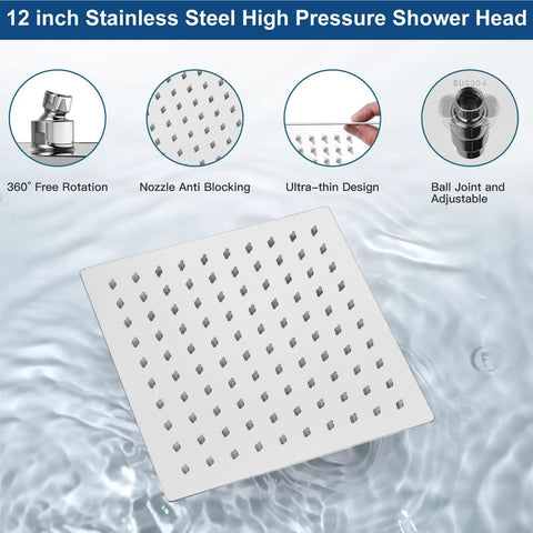 Polished Chrome 12 Inch Square Rain Shower System with Wall Mount High Pressure Rain Shower Head over water surface