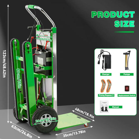 Heavy Duty Electric Stair Climbing Hand Truck With Upgraded Tracks And Height Adjustable Tray For Efficient One Person Lifting, 900lbs Capacity Lithium Battery Trolley dimensions with accessories.