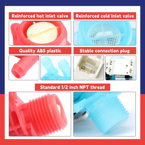 Solid Washer Cold And Hot Water Inlet Valve Set No Sweat Drop In Fit For Whirlpool Appliances Replaces W11688994 W11688995 detailed view of ABS plastic valves