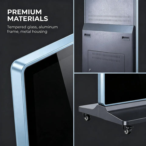 Close-up of Top Shelf 65 Inch 4K UHD IPS Digital Signage Kiosk showing premium materials and sturdy aluminum frame.