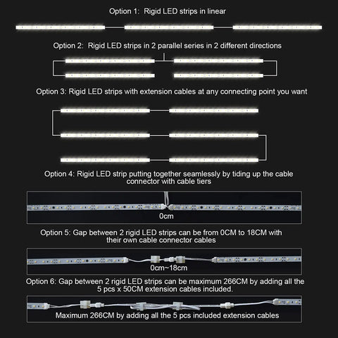 Diagram showing installation options for Under Cabinet LED Lighting Kit For Kitchens And Shelves With 6 x 12 Inch Rigid Light Strips