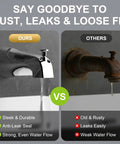 Comparison between sleek slip-on tub spout and old, rusty spout; Slip On Tub Spout With Diverter For Five Inch Tub Chrome Finish Fits One Half Inch Copper Pipe And Five Eighth Inch Diameter Easy Pull Up Install Works With American Standard Tub Spout.
